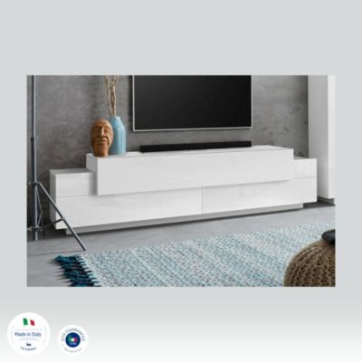 Meuble TV Teo, Buffet bas de salon, Base pour meuble TV, 100% Made in Italy, 200x45h52 cm, Blanc brillant