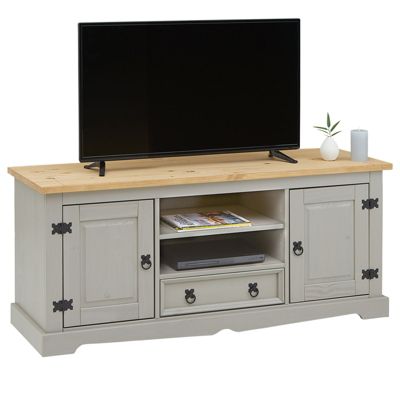 Meuble TV TEQUILA banc télé de 140 cm style mexicain avec 1 tiroir 2 niches et 2 portes, en pin massif lasuré gris et brun
