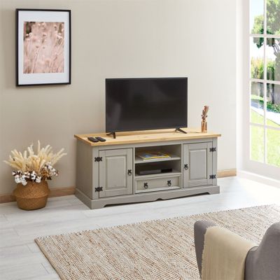 Meuble TV TEQUILA banc télé de 140 cm style mexicain avec 1 tiroir 2 niches et 2 portes, en pin massif lasuré gris et brun
