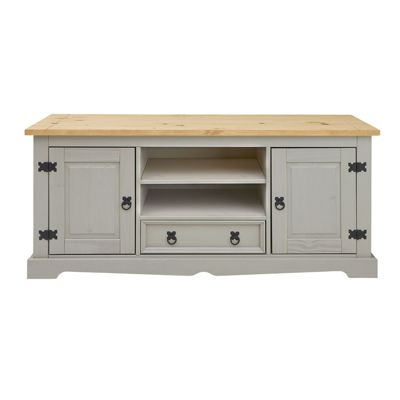Meuble TV TEQUILA banc télé de 140 cm style mexicain avec 1 tiroir 2 niches et 2 portes, en pin massif lasuré gris et brun