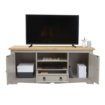 Meuble TV TEQUILA banc télé de 140 cm style mexicain avec 1 tiroir 2 niches et 2 portes, en pin massif lasuré gris et brun