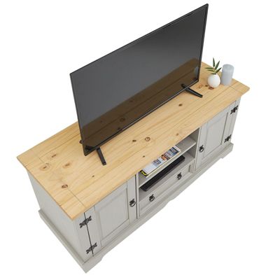Meuble TV TEQUILA banc télé de 140 cm style mexicain avec 1 tiroir 2 niches et 2 portes, en pin massif lasuré gris et brun