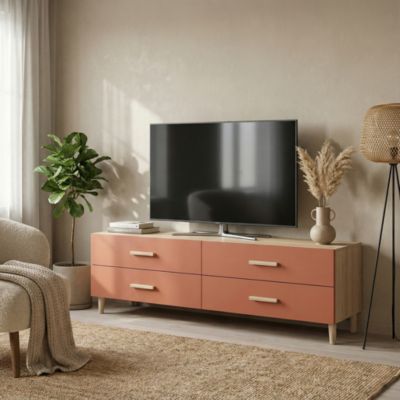 Meuble TV terracotta et effet chêne avec 4 tiroirs GoodHome Atomia H. 37 x L. 150 x P. 45 cm