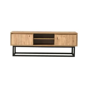 Meuble TV Themis, Buffet de salon, Armoire basse pour TV, Base murale de rangement, 180x40h50 cm, Noir et Chêne