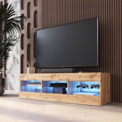 Meuble TV Tivoli RTV Komodee - LED Bleues - Bois Naturel - Facades en Mat - 140 x 41 x 35 cm