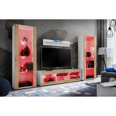 Meuble TV Tivoli Set Grande Komodee - LED RVB - Bois naturel Mat et Blanc - 250 x 159 x 35 cm