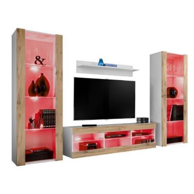 Meuble TV Tivoli Set Grande Komodee - LED RVB - Bois naturel Mat et Blanc - 250 x 159 x 35 cm