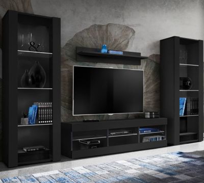 Meuble TV Tivoli Set Grande Komodee - sans LED - Noir Mat et Noir - Facades en Mat - 250 x 159 x 35 cm