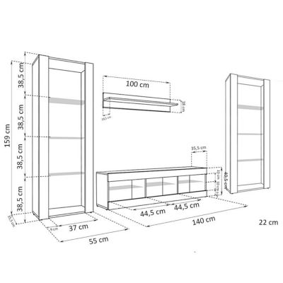 Meuble TV Tivoli Set Grande Komodee - sans LED - Noir Mat et Noir - Facades en Mat - 250 x 159 x 35 cm