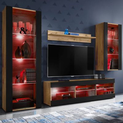Meuble TV Tivoli Set Medio Komodee - LED RGB - Noir Mat et Bois naturel - 195x159x35 cm