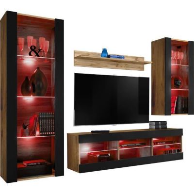 Meuble TV Tivoli Set Medio Komodee - LED RGB - Noir Mat et Bois naturel - 195x159x35 cm