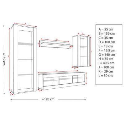 Meuble TV Tivoli Set Medio Komodee - LED RGB - Noir Mat et Bois naturel - 195x159x35 cm