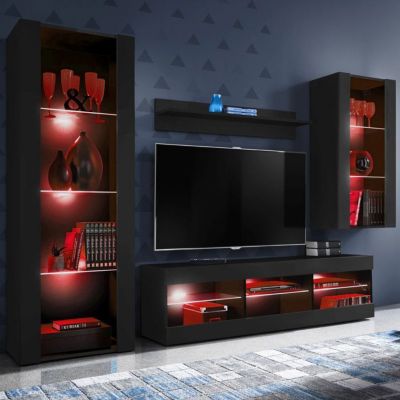 Meuble TV Tivoli Set Medio Komodee - LED RGB - Noir Mat et Noir - Facades en Mat - 195 x 159 x 35 cm