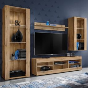 Meuble TV Tivoli Set Medio Komodee - sans LED - Bois naturel Mat et Bois naturel - 195x159x35 cm