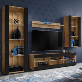 Meuble TV Tivoli Set Medio Komodee - sans LED - Noir Mat et Bois naturel - 195x159x35 cm