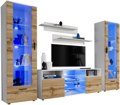 Meuble TV Tower Extreme Furniture - LED bleues - Bois naturel Mat & Blanc - L260cmxH192cmxP42cm