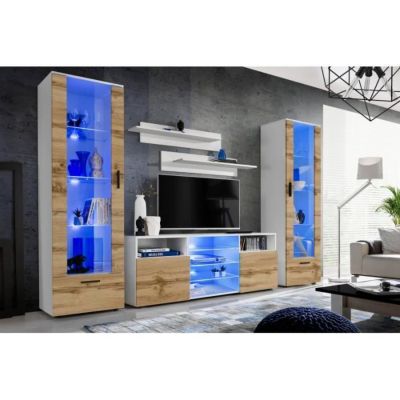 Meuble TV Tower Extreme Furniture - LED bleues - Bois naturel Mat & Blanc - L260cmxH192cmxP42cm