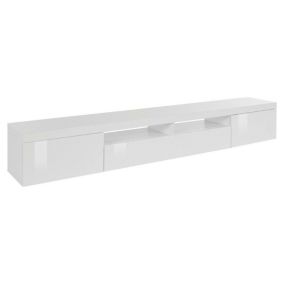 Meuble TV Ulisse, Buffet bas de salon avec 3 portes, Base meuble TV, 240x40h35 cm, Blanc brillant