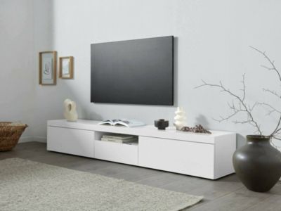 Meuble TV Ulrico, Buffet bas de salon avec 3 portes, Base meuble TV, 220x40h35 cm, Blanc brillant