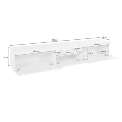 Meuble TV Ulrico, Buffet bas de salon avec 3 portes, Base meuble TV, 220x40h35 cm, Blanc brillant