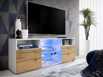 Meuble TV Urbino Komodee - LED bleues - Bois Naturel Mat et Blanc - Facades en Matt - 140 x 53 x 35 cm