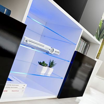 Meuble TV Urbino Komodee - LED bleues - Bois Naturel Mat et Noir - Facades en Matt - 140 x 53 x 35 cm