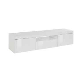 Meuble TV Valdo, Buffet bas de salon avec 3 portes, Base meuble TV, 160x40h35 cm, Blanc brillant