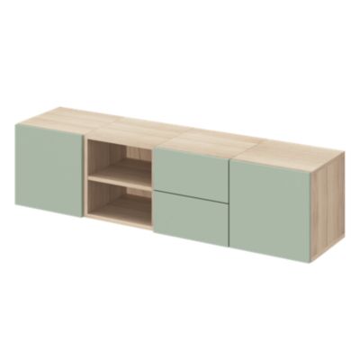 Meuble TV vert agave et effet chêne avec 2 tiroirs et 2 portes GoodHome Atomia H. 37 x L. 150 x P. 35 cm