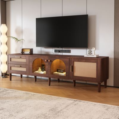 Meuble TV vintage avec LED, 2 Tiroirs, 2 Portes en Verre Cintré et 1 Porte, en Rotin - MDF - 180x40x50 cm - Brun