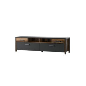 Meuble TV WINDSOR gris anthracite et chêne foncé - 190 cm - 2 portes, 2 tiroirs, 2 niches - 187 x 52.6 x 50.4 cm