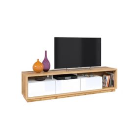 Meuble TV XL 200cm collection CLARA. Couleur chêne et blanc brillant.