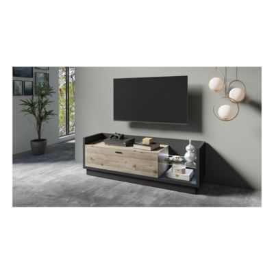 Meuble TV XL 220cm. Collection CORK. Coloris gris anthracite et pin