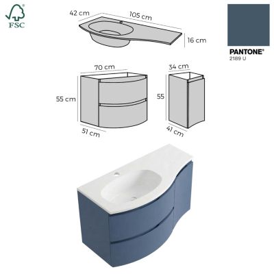 Meuble + vasque 105 cm ARMONIA extension plan à droite Bleu Mer salle ...