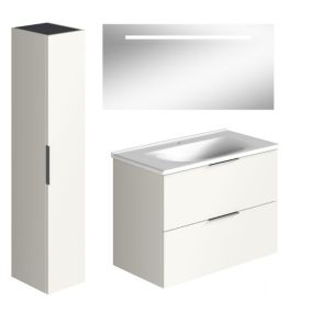 Meuble vasque 90 cm BURGBAD Olena blanc brillant + miroir + colonne de salle de bain