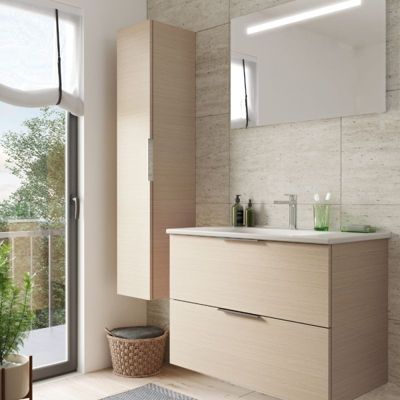 Meuble vasque 90 cm BURGBAD Olena chêne clair + colonne de salle de bain