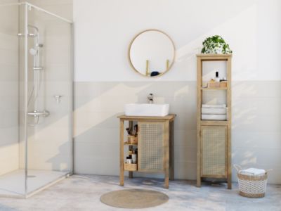 Meuble vasque à poser 1 porte avec plan de toilette l.61 x H.80 x P.50 cm, placage chêne et cannage, Thiam