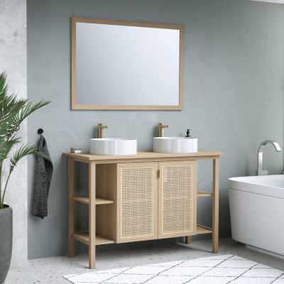 Meuble vasque à poser 2 portes avec plan de toilette l.114 x H.80 x P.50 cm, placage chêne et cannage, Thiam
