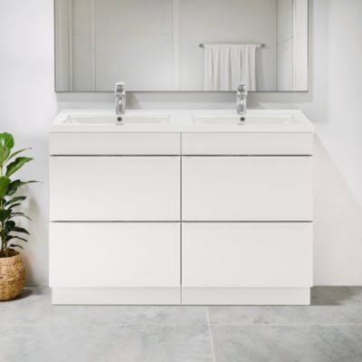 Meuble vasque à poser blanc brillant l.120 cm Imandra + plan double vasque blanc céramique Nira, GoodHome