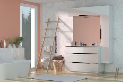 Meuble vasque à poser blanc brillant l.120 cm + plan double vasque blanc en résine, Pamili