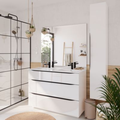 Meuble vasque à poser blanc brillant l.120 cm + plan double vasque blanc en résine, Pamili