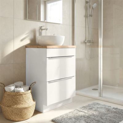 Meuble vasque à poser blanc brillant l.60 cm Imandra + plan de toilette chêne massif Hartland, GoodHome