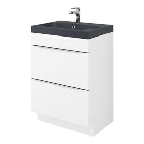 Meuble vasque à poser blanc brillant l.60 cm Imandra + plan vasque noir résine Mila, GoodHome