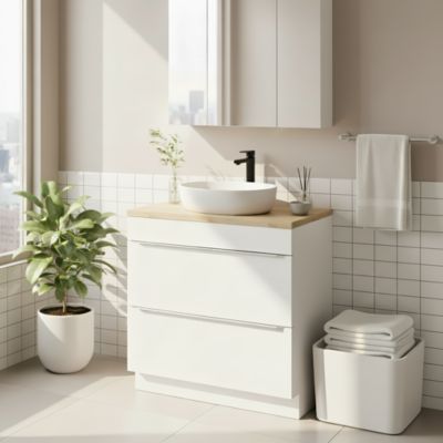 Meuble vasque à poser blanc brillant l.80 cm Imandra + plan de toilette chêne massif Hartland, GoodHome
