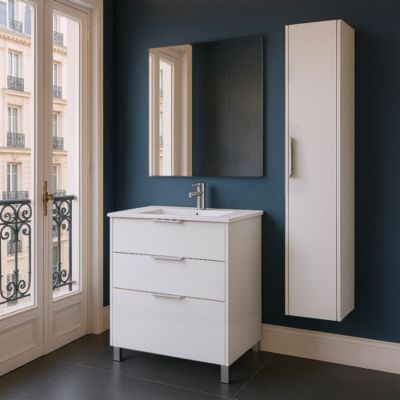 Meuble vasque à poser blanc mat l.60 cm + plan simple vasque porcelaine, Futurbath Louna