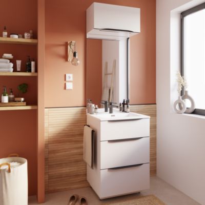 Meuble vasque à poser blanc mat l.60 cm + plan vasque blanc en résine, Pamili