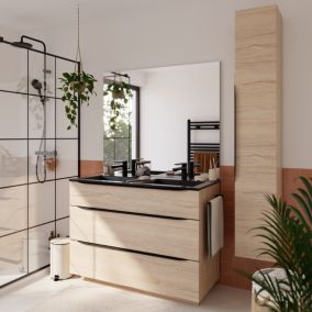 Meuble vasque à poser effet bois l.120 cm + plan double noir vasque en résine, Pamili