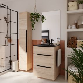 Meuble vasque à poser effet bois l.60 cm + plan vasque noir en résine, Pamili