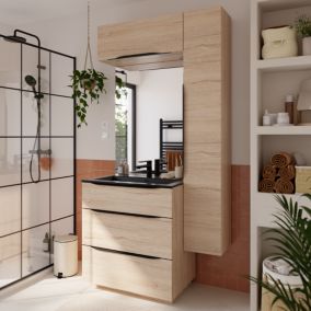 Meuble vasque à poser effet bois l.80 cm + plan vasque noir en résine, Pamili
