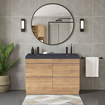 Meuble vasque à poser effet chêne clair l.120 cm Imandra + plan vasque noir résine, GoodHome