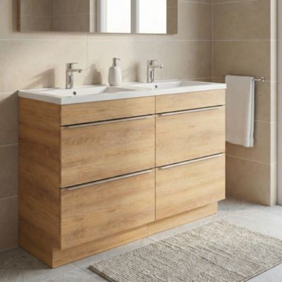 Meuble vasque à poser effet chêne l.120 cm Imandra + plan double vasque blanc céramique Nira, GoodHome